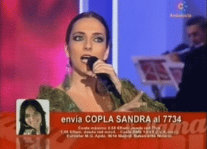 Sandra Arco en un concurso de copla de la televisión de Andalucía, una imagen usada para ilustrar la canción por ella interpretada "Calle Elvira" en el blog Música en español, géneros, vídeos y letras.