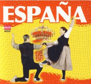 Carátula con una pareja de bailadores de jota sobre un fondo con los colores de la bandera de España.