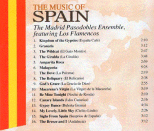Bandera de España en vertical junto a Music of Spain en una imagen usada para ilustrar el llamado Pasodoble de la bandera.