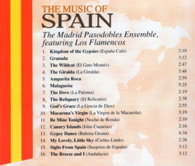 Bandera de España en vertical junto a Music of Spain en una imagen usada para ilustrar el llamado Pasodoble de la bandera.