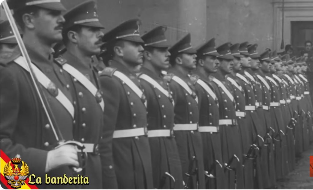 Soldados españoles en formación y pasodoble La banderita.