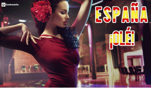 Bailaora flamenca y frase ole España.