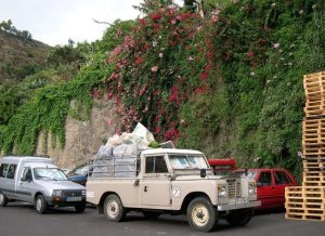 Vehículo de transporte de plátanos en la isla de La Palma en una imagen usada para ilustrar la letra de la canción Junto al platanar, de Manolo Escobar.