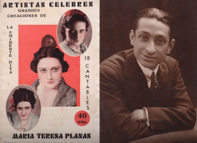 Imagen del barítino Marcos Redondo y de la soprano María Terea Planas usada para ilustrar la letra de la canción Hace tiempo que vengo al taller.