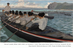 Pintura de barca con remeros vascos.