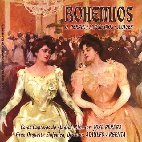Dos muchachas en una pintura ilustrativa del Coro de bohemios de la zarzuela Bohemios.