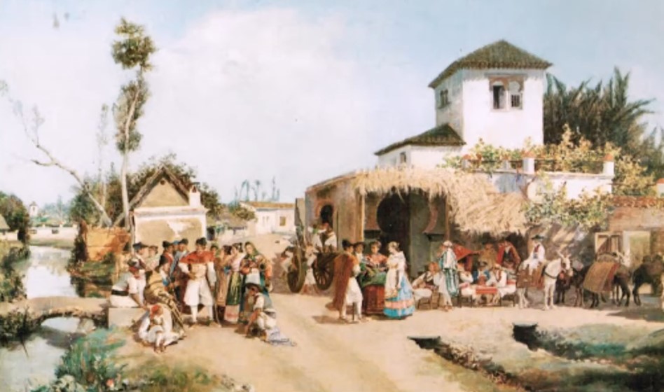 Pintura de una huerta usada para ilustrar la letra de uno de los números musicales de la zarzuela titulada La alegría de la huerta.