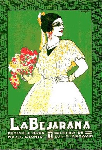Carátula de mujer con traje regional usada para ilustrar la marcha titlada Pasodoble de los Quintos de la zarzuela La Bejarana.