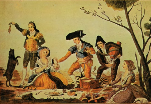 Pintura de antigua escena de merienda campestre usada para ilustrar una pieza musical de la zarzuela La Tempranica.