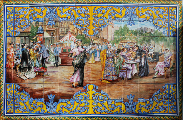 Representación en azulejos de la Verbena de la Paloma en un local sito en el número 59 de la calle Martín de los Heros de Madrid. Imagen usada para ilustrar la canción ¿Dónde vas con mantón de Manila?